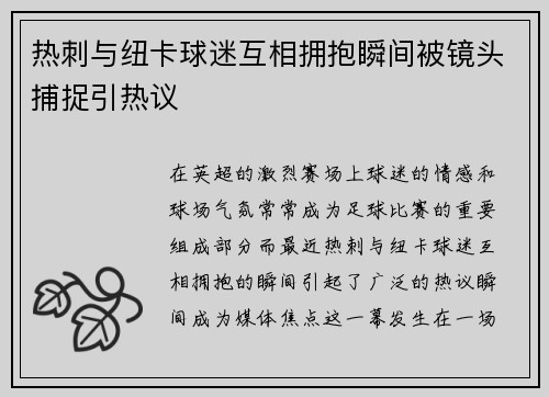 热刺与纽卡球迷互相拥抱瞬间被镜头捕捉引热议